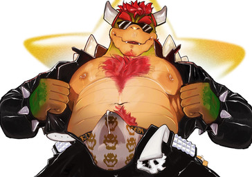 abs anthro areola barazoku beard belt belt_buckle big_bulge big_muscles biker bodily_fluids body_hair bottomwear bracelet buckle bulge chest_hair clothed clothing erection erection_under_clothing eyebrows eyewear facial_hair front_view genital_fluids hair happy_trail horn jacket jewelry leather leather_bottomwear leather_clothing leather_jacket leather_pants leather_topwear logo looking_at_viewer low-angle_view male muscular muscular_anthro muscular_male navel nipple_piercing nipples non-mammal_nipples open_belt open_clothing open_jacket open_topwear pants pattern_clothing pattern_underwear pecs piercing precum precum_through_clothing precum_through_underwear pubes shell simple_background smile solo spiked_bracelet spiked_shell spikes spikes_(anatomy) standing star sunglasses tenting topwear underwear unzipped wet wet_clothing white_background zipper aboxsha bowser_day mario_bros nintendo biker_bowser bowser dragon_koopa koopa scalie 2025 hi_res