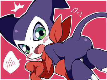 anthro blush butt claws clothing gloves green_eyes handwear kerchief kneeling male neckerchief neckwear purple_body solo spade_tail tail yuzuaccident bandai_namco digimon digimon_(species) impmon 4:3