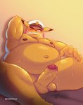 anthro balls belly big_belly blush bodily_fluids clothing erection genital_fluids genitals hat headgear headwear male mature_male moobs navel nipples overweight overweight_male penis precum sitting solo sweat dober nintendo pokemon captain_pikachu generation_1_pokemon pikachu pokemon_(species) 2025 hi_res