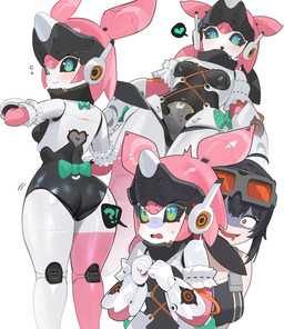 ahoge black_body black_hair black_sclera blush bodily_fluids bow_accessory breasts butt clothing creepy_smile drooling duo eyewear female goggles green_eyes hair heart_symbol legwear leotard machine multicolored_body pseudo_clothing pseudo_hair saliva small_breasts smile speech_bubble sweat sweatdrop thick_thighs thigh_highs white_body hood_(james_x) mihoyo zenless_zone_zero grace_howard yutane_johiel human humanoid mammal robot robot_humanoid absurd_res hi_res multiple_scenes