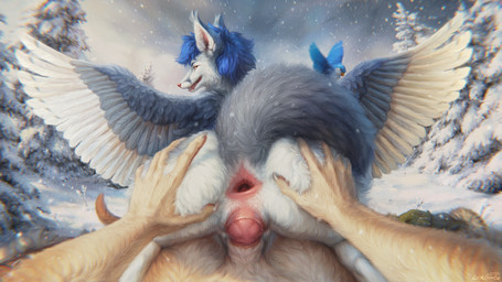 ambiguous_feral ambiguous_gender animal_genitalia animal_penis anthro anthro_focus anthro_on_anthro anthro_penetrated anthro_penetrating anthro_penetrating_anthro anthro_pov anus blue_hair blue_wings butt butt_grab canine_genitalia canine_penis day erection faux_gaping faux_gaping_anus feathered_wings feathers female female_anthro female_penetrated feral first_person_view fur gaping gaping_anus genitals grey_body grey_fur grey_tail grey_wings group hair hand_on_butt humanoid_genitalia humanoid_vulva intraspecies knot knotted_penis knotting looking_at_viewer looking_back looking_back_at_viewer male male/female male_penetrating male_penetrating_female male_pov open_mouth open_smile outside penetration penile penile_penetration penis penis_in_vagina plant raised_tail rear_view red_anus red_penis sex sheath short_hair sky smile snow snowing solo_focus spread_anus spreading stretched_anus tail tail_anus tan_body tan_fur tan_sheath tree trio vaginal vaginal_knotting vaginal_penetration vulva white_body white_fur white_wings wings yellow_eyes lostgoose gabriel_serealia north_(gabriel_serealia) avian canid canine fox mammal hi_res
