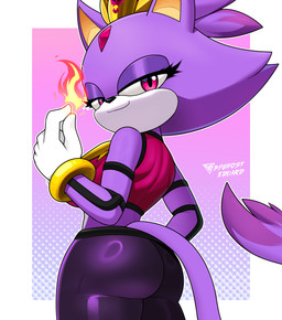 anthro bedroom_eyes big_breasts big_butt bottomwear bracelet breasts bubble_butt butt clothed clothing crown dipstick_tail elemental_manipulation eyelashes female fire fire_manipulation forehead_gem fur gem gloves handwear headgear jewelry killer_queen_blaze looking_at_viewer looking_back looking_back_at_viewer markings narrowed_eyes pants pink_background pink_clothing pink_eyes pink_topwear purple_body purple_bottomwear purple_clothing purple_fur purple_pants rear_view seductive simple_background smile solo tail tail_markings thick_thighs topwear white_background white_body white_clothing white_fur white_gloves white_handwear wide_hips byghosteduard sega sonic_the_hedgehog_(series) blaze_the_cat domestic_cat felid feline felis mammal absurd_res hi_res