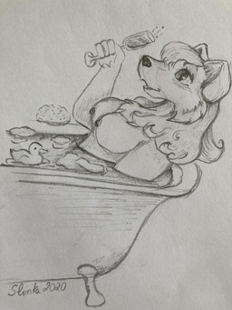 alcohol anthro bathtub beverage breasts champagne champagne_glass claw_foot_bathtub container cup drinking_glass female foam glass glass_container glass_cup hair long_hair nipples open_mouth pointy_nose relaxing rubber_duck solo sponge water wet shirika_(artist) canid canine fox mammal 2020 3:4 graphite_(artwork) hi_res traditional_media_(artwork)