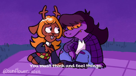anthro antlers bedding blanket blush blush_lines bottomwear brown_body checkered checkered_clothing checkered_shirt checkered_topwear clothed clothed_anthro clothed_female clothing denim denim_bottomwear denim_clothing duo eyelashes female female/female freckled_face freckles horn jacket jeans kiss_on_lips kissing moon night pants pattern_clothing pattern_shirt pattern_topwear purple_body red_nose shirt sitting star surprised text topwear torn_bottomwear torn_clothing torn_jeans torn_pants yellow_sclera sound_warning sunflower_sosa deltarune the_simpsons undertale_(series) noelle_holiday susie_(deltarune) deer mammal reptile scalie 16:9 2026 animated digital_media_(artwork) english_audio english_text short_playtime signature sound video widescreen