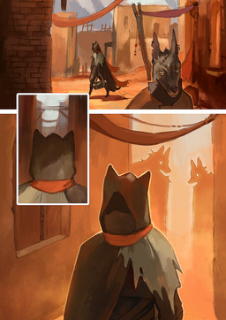 alley ambiguous_gender anthro biped brick brick_wall building carrying_bag city cloak clothing digitigrade face_in_shadow facial_scar group holding_object hood hood_up mask outside pointy_ears prick_ears scar scarf shadow_silhouette silhouette trio wall_(structure) window juliathedragoncat canid canine mammal 2025 comic digital_media_(artwork) digital_painting_(artwork) hi_res painting_(artwork) warm_colors