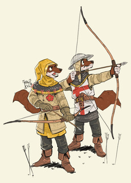 anthro armor arrow_(weapon) belt boots bow_(weapon) brown_body brown_fur chainmail clothing duo england english_flag flag flag_clothing footwear fur gloves handwear longbow male male/male medieval medieval_armor medieval_clothing medieval_fantasy military open_mouth ranged_weapon shoes stubble tail teeth teeth_showing tongue war_of_the_roses weapon white_body white_fur mawkvlt mammal mustelid musteline stoat true_musteline weasel hi_res