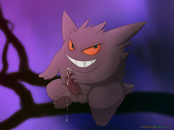 balls bodily_fluids cum cum_on_penis erection genital_fluids genitals grin looking_up male masturbation penile penile_masturbation penis smile solo teeth vein ursofofinho nintendo pokemon generation_1_pokemon gengar ghost pokemon_(species) spirit 2013 4:3