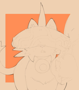 anthro big_penis biped cute_fangs duo erection fangs feral foreskin front_view fur genitals humanoid_genitalia humanoid_penis male open_mouth penis penis_covering_eyes quadruped simple_background standing tail teeth sushiamazing nintendo pokemon generation_7_pokemon pokemon_(species) torracat absurd_res hi_res
