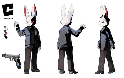 5_fingers :< albino anthro bell-bottoms big_ears biped black_clothing black_footwear black_shoes blue_clothing blue_jacket blue_topwear bottomwear brown_bottomwear brown_clothing brown_pants cheek_tuft clothed clothing countershade_arms countershade_fur countershade_legs countershading dress_shoes facial_tuft fingers fist footwear front_view fur gesture gun handgun head_tuft height hexagon hexagonal_grid jacket looking_at_viewer magazine_(gun) male open_clothing open_jacket open_topwear pants pattern_bottomwear pattern_clothing pattern_pants pistol pose ranged_weapon rear_view red_eyes red_inner_ear red_nose shoes side_view snout solo standing striped_bottomwear striped_clothing striped_pants stripes text topwear tuft walking weapon white_ears maiconsandey smith_&_wesson c_(alexthenarehate) domestic_rabbit lagomorph leporid mammal oryctolagus rabbit 2026 absurd_res cel_shading character_name digital_drawing_(artwork) digital_media_(artwork) hi_res model_sheet shaded
