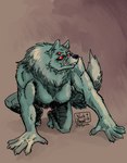 4_eyes anthro anthrofied black_nose breasts claws featureless_breasts female fluffy fluffy_chest fur grey_body grey_fur hands_on_ground kneeling looking_away mane multi_eye muscular muscular_female nude red_eyes sharp_teeth simple_background solo teeth p5ych fear_and_hunger moonless canid canine canis eldritch_abomination mammal wolf 2023 colored shaded