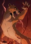 blood bodily_fluids brown_claws cheek_tuft claws electricity facial_tuft fangs female feral fur lightning looking_at_viewer notched_ear open_mouth orange_body orange_fur red_eyes red_tongue sharp_teeth solo tan_body tan_fur teeth tongue tuft yellow_sclera santanahoffman disney the_lion_king zira_(the_lion_king) felid lion mammal pantherine hi_res