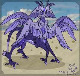 all_fours ambiguous_gender beach bone claws cloud dark_body feathers glowing glowing_eyes glowing_markings markings multi_wing nude purple_body relaxed_expression relaxing rib_cage sand sky solo spread_wings star tail tail_tuft translucent translucent_body tuft winged_arms wings allycatboom angel deer demon hybrid mammal taur