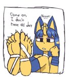 5_toes anthro barefoot blue_hair claws clothed clothing dialogue feet female foot_fetish foot_focus hair humanoid_feet plantigrade simple_background solo text toes yellow_body notsafeforvee animal_crossing nintendo ankha_(animal_crossing) domestic_cat felid feline felis mammal absurd_res digital_media_(artwork) english_text hi_res