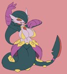 2019 3_fingers alternate_version_at_source apode big_breasts bra breasts clothed clothed_female clothed_humanoid clothing digital_media_(artwork) draconcopode elfdrago eyeshadow female fingers gardevoir generation_3_pokemon hair hair_over_eye hi_res humanoid hybrid_pokemon legless makeup navel navel_piercing nintendo one_eye_obstructed piercing pokemon pokemon_(species) purple_body purple_eyes red_background red_fangs red_sclera reptile scalie serpentine seviper simple_background solo split_form teal_hair underwear yellow_bra yellow_clothing yellow_eyeshadow yellow_underwear