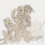 anthro carrying_another clothing fur fur_markings group hair male markings simple_background standing striped_body stripes young young_anthro young_male relax_lion felid mammal pantherine tiger 1:1