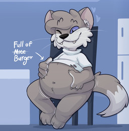 anthro belly big_belly blue_background blue_sclera clothing fur grey_body grey_fur inside male overweight shirt simple_background sitting solo text topwear white_clothing white_shirt white_topwear denaturedalbumin domestic_cat felid feline felis mammal 2022