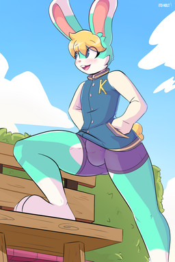 anthro bench blue_body blush bulge clothed clothing detailed_bulge hair jacket letterman_jacket male open_mouth outside solo topwear white_body its-holt animal_crossing nintendo sasha_(animal_crossing) lagomorph leporid mammal rabbit 2021 absurd_res digital_media_(artwork) hi_res