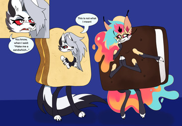 anthro clothing costume dessert duo female food food_costume grilled_cheese grilled_cheese_costume grilled_cheese_sandwich_costume ice_cream ice_cream_sandwich ice_cream_sandwich_costume jellysaurer sandwich_(food) sandwich_costume text hellaverse helluva_boss mythology loona_(helluva_boss) queen_bee-lzebub_(helluva_boss) canid canid_demon canine demon fox_spirit hellhound mammal mythological_canine mythological_creature absurd_res english_text hi_res