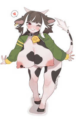 anthro bell big_breasts breasts cleavage clothed clothing ear_piercing female fur heart_symbol jacket multicolored_body multicolored_fur nipples one_eye_closed piercing red_eyes simple_background solo topwear lumpypaca bovid bovine cattle mammal absurd_res hi_res