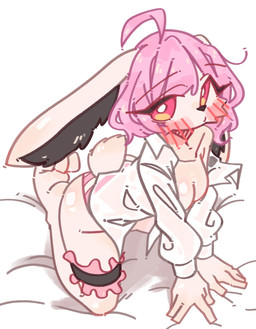3_toes 5_fingers ahoge all_fours anthro bangs black_nose blush body_blush bottomwear breasts butt butt_blush cheek_tuft clothed clothing collarbone eyelashes facial_tuft feet female fingers hair long_eyelashes medium_hair open_clothing open_topwear panties pantsless pattern_bottomwear pattern_clothing pattern_panties pattern_underwear pink_hair pupils short_tail simple_background solo striped_bottomwear striped_clothing striped_panties striped_underwear stripes tail toes topwear tuft underwear white_pupils kgs701 lagomorph leporid mammal rabbit colored digital_drawing_(artwork) digital_media_(artwork) hi_res