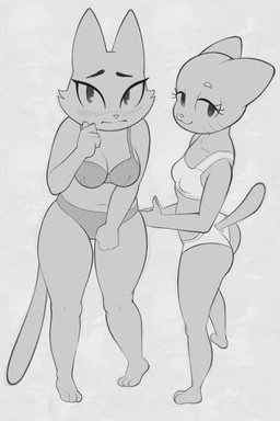 3_toes 4_fingers anthro arms_bent bare_shoulders barefoot bedroom_eyes big_breasts big_ears big_eyes biped blush blush_lines blushing_profusely bra breast_size_difference breasts butt cheek_tuft closed_smile clothed clothed_anthro clothed_female clothing cutout duo eyebrows eyelashes facial_tuft feet female fingers fur fur_tuft glistening glistening_eyes grey_background hands_together high-angle_view humanoid_hands iris long_eyelashes long_tail looking_at_viewer looking_up looking_up_at_viewer markings mature_anthro mature_female mouth_closed narrowed_eyes navel no_pupils panties plantigrade pointy_ears prick_ears raised_heel seductive shy simple_background small_breasts smile smiling_at_viewer snout standing tail textured_background thick_eyebrows thick_thighs toes tuft underwear underwear_only whisker_markings cutegraphite cartoon_network litterbox_comics the_amazing_world_of_gumball fran_(litterbox_comics) nicole_watterson domestic_cat felid feline felis mammal 2026 2:3 crossover digital_drawing_(artwork) digital_media_(artwork) greyscale hi_res monochrome