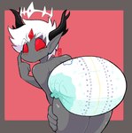 bent_over blush butt butt_focus clean_diaper clothed clothing diaper diaper_fetish grey_body hair horn humanoid_pointy_ears looking_back male pointy_ears red_eyes simple_background solo wearing_diaper white_hair dljoe horned_humanoid humanoid 2021 archived_source