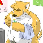 anthro belly bodily_fluids brown_body brown_fur cigarette eyes_closed fur kemono male navel overweight overweight_male pubes smoking solo sweat text towel oogamikennta canid canine canis domestic_dog mammal 1:1 2006 archived_source digital_media_(artwork) japanese_text low_res oekaki