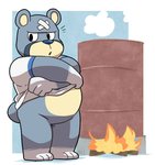 anthro bandage barrel bottomless clothed clothing fire fur grey_body grey_fur male slightly_chubby solo undressing tekimi animal_crossing nintendo curt_(animal_crossing) bear mammal