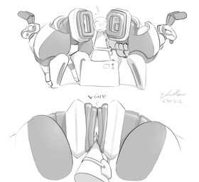 bent_over between_butts big_butt box butt container group long_ears looking_back machine narrowed_eyes open_mouth rear_view simple_background smile standing_on_box thick_thighs tongue tongue_out tools trio white_background wrench sofmallow bug_(sofmallow) arthropod robot taur 2025 absurd_res hi_res monochrome signature
