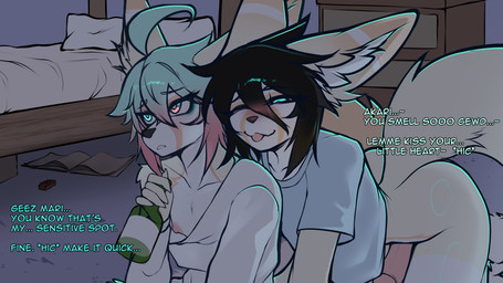 advertisement anthro bedroom big_ears black_hair blep clothing drunk duo erection femboy fluffy fluffy_tail fur genitals glass_bottle hair heterochromia humanoid_genitalia humanoid_penis inner_ear_fluff male male/male nipples penis shirt substance_intoxication t-shirt tail tan_body tan_fur tongue tongue_out topwear tuft nastycalamari akari_(nastycalamari) cali_(nastycalamari) canid canine fennec_fox fox mammal true_fox hi_res brother_(lore) brothers_(lore) incest_(lore) sibling_(lore)