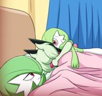 ambiguous_gender anthro bed bedding blanket blush blush_lines duo fur furniture green_body green_fur green_pseudo_hair hug lying on_back on_bed on_side plushie pseudo_hair red_eyes under_blanket furumi92 ah_yes._me._my_girlfriend. nintendo pokemon gardevoir generation_3_pokemon generation_9_pokemon humanoid meowscarada pokemon_(species) 2025 hi_res meme male_(lore)