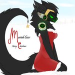 anthro big_tail black_body christmas_clothing clothing female gold_(metal) green_face holidays humor joke kneeling machine parody red_clothing solo star tail anonymous_artist christmas mariah_carey case_(fluffymurderrobot) protogen 1:1 hi_res