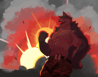 anthro camo explosion explosives grenade male military muscular muscular_anthro muscular_male solo weapon unknown_artist canid canine canis mammal wolf hi_res