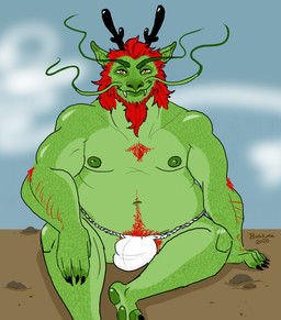 anthro barazoku bath bathhouse beard body_hair bulge chest_hair clothing facial_hair hair hairy horn male musclegut muscular muscular_anthro muscular_male nipples pubes red_hair solo thong underwear barakuma mythology dragon mythological_creature mythological_scalie scalie hi_res