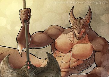 abs anthro athletic axe biceps biped blush brown_body brown_skin flexing frown holding_object holding_weapon horn looking_at_viewer lying male melee_weapon muscular muscular_anthro muscular_male nude on_side pecs pose scales solo weapon yellow_eyes guppo tera_online aman