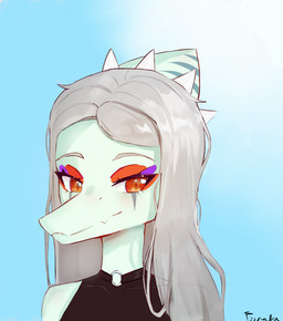 amber_eyes anthro blue_body clothed clothed_female clothing eyelashes female frill_(anatomy) grey_hair hair simple_background smile snout solo tsanabu goodbye_volcano_high ko_op_(game_developer) fang_(gvh) prehistoric_species pterodactylus pterosaur reptile scalie bust_portrait portrait