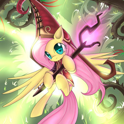 clothing cutie_mark feathered_wings feathers female feral flying fur glowing green_eyes hair hat headgear headwear long_hair looking_at_viewer magic magic_user melee_weapon outside pink_hair plant polearm smile solo spell staff thorns vines weapon wings yellow_body yellow_feathers yellow_fur cyanaeolin friendship_is_magic hasbro league_of_legends my_little_pony mythology riot_games tencent fluttershy_(mlp) lulu_(lol) equid equine mammal mythological_creature mythological_equine pegasus 1:1 crossover hi_res