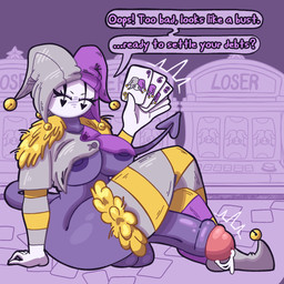 balls bell big_breasts big_penis blackjack_(card_game) bodily_fluids breasts card clothing crossed_legs cum dripping female fool's_hat gambling genital_fluids genitals gloves gynomorph handwear hat headgear headwear huge_penis intersex jester legwear mask penis precum precum_drip purple_body sitting solo spade_tail stockings tail goblynn demon humanoid hi_res