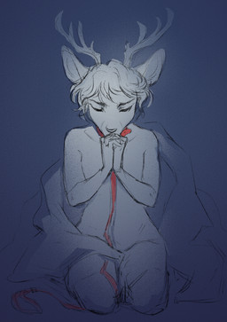 2_horns anthro antlers bedding bent_legs biped blanket blue_background collar collar_only eyes_closed fingers fur gesture gesturing_at_viewer hair hand_gesture horn kneeling leash leashed_collar long_ears male monotone_background mouth_closed noise_filter nude nude_anthro nude_male praying red_collar red_leash simple_background solo white_body white_fur terri_ho gooddeer deer mammal new_world_deer reindeer absurd_res digital_media_(artwork) hi_res sketch
