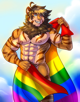 abs anthro areola barazoku biceps biped blue_eyes brown_mane brown_pubes bulge cloud fingers flag flag_(object) forearm_muscles front_view happy holding_flag holding_object humanoid_hands lgbt_pride looking_at_viewer male mane muscular muscular_anthro muscular_male navel nipples nude_anthro nude_male one_eye_closed pecs pride_colors pubes sky smile solo standing darolion leon_(darolion) felid hybrid liger mammal pantherine 2024 colored hi_res portrait shaded three-quarter_portrait