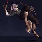 4_toes 5_fingers anthro arrow_(weapon) bow_(weapon) brown_nose feet fingers holding_bow_(weapon) holding_object holding_ranged_weapon holding_weapon looking_at_viewer male ranged_weapon smile solo toes weapon archery_(artist) erraz_(group17) erraz_sandwalker canid canine canis coyote mammal 2020 digital_media_(artwork) hi_res