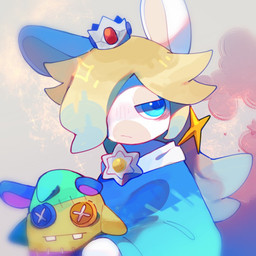 anthro bangs blonde_hair blue_clothing blue_dress blue_eyes blue_outline blue_pupils blush blush_lines button_(fastener) clothed clothed_anthro clothed_female clothing cloud crown dress ear_piercing featureless_hands female female_anthro fur gem grey_background hair hair_over_eye half-closed_eyes headgear holding_object holding_plushie light long_ears long_hair mouth_closed multicolored_body multicolored_outline narrowed_eyes noseless outline piercing plushie pupils red_outline ruby_(gem) sapphire_(gem) seam_(sewing) simple_background solo star_ear_piercing tan_body tan_eyelids tan_inner_ear tan_skin two_tone_body white_body white_fur renballball mario_bros mario_plus_rabbids_sparks_of_hope nintendo raving_rabbids rayman_(series) ubisoft rabbid_rosalina lagomorph mammal rabbid 1:1 2022 crossover digital_drawing_(artwork) digital_media_(artwork) half-length_portrait lighting portrait shaded