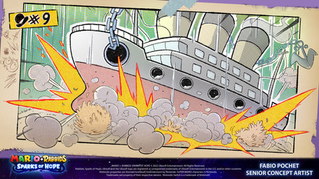 ambiguous_feral ambiguous_gender anchor black_clothing black_hat black_headwear blue_sky bowler_hat chain clothing copyright_symbol crash dust_cloud feral grass hat headgear headwear motion_lines not_furry_focus number outside plant railing ship shrub sky smoke solo symbol text text_box title vehicle watercraft window year fabio_pochet mario_bros mario_plus_rabbids_sparks_of_hope nintendo raving_rabbids rayman_(series) ubisoft avian bird 16:9 2022 4k absurd_res artist_name colored crossover digital_drawing_(artwork) digital_media_(artwork) english_description english_text hi_res official_art shaded widescreen