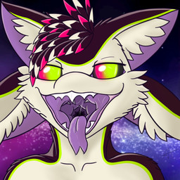 4_ears ambiguous_gender anthro big_ears black_sclera bodily_fluids countershading dipstick_hair dripping feather_hair feathers glowing glowing_eyes gradient_eyes green_eyes hair inner_ear_fluff mohawk mouth_shot multi_ear multicolored_hair open_mouth pink_eyes pink_hair pseudo_hair purple_body purple_hair purple_inner_ear purple_insides saliva saliva_drip saliva_on_tongue saliva_string screencap screencap_background sharp_teeth solo striped_body stripes teeth tongue tongue_out tuft white_body white_countershading white_face white_hair white_inner_ear_fluff isan nezumi_(korivali) avali avian 1:1 hi_res