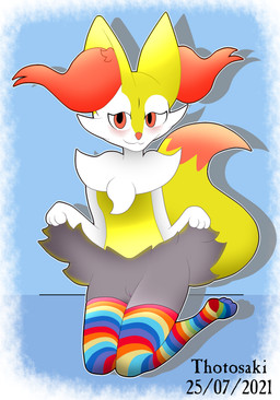 clothing female genitals kneeling legwear presenting shy stockings text vulva katsurokurosaki nintendo pokemon braixen generation_6_pokemon pokemon_(species) 2021 artist_name colored dated hi_res