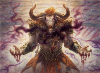 anthro armor biped blood bodily_fluids bottomwear bracers clenched_teeth clothing curved_horn glowing glowing_eyes gold_(metal) gold_jewelry hair horn jewelry kneeling loincloth magic male purple_magic red_hair solo teeth jarel_threat european_mythology greek_mythology hasbro magic:_the_gathering mythology wizards_of_the_coast bovid bovine mammal minotaur 2021 dated official_art signature