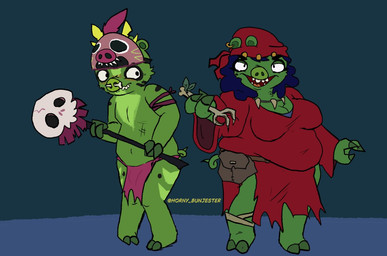 anthro belt black_eyes blush bodily_fluids bone bone_piercing bottomwear breasts cleavage clothed clothing curled_tail duo ear_piercing ear_ring facial_piercing female green_body green_ears green_nose green_tail headgear headkerchief headwear jewelry kerchief loincloth looking_at_another male male/female mask mask_on_head multicolored_body necklace nose_piercing piercing pose red_clothing red_headkerchief red_kerchief red_robe ring_piercing robe skull skull_staff staff standing sweat tail teeth text tongue utility_belt horny_bunjester angry_birds rovio_entertainment sega domestic_pig mammal pig_(angry_birds) suid suine sus_(pig) 2026 artist_name digital_media_(artwork)