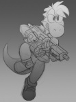 anthro biped gun hair jumping male ranged_weapon simple_background solo weapon ben_the_dragon mario_bros nintendo reptile scalie yoshi 2012 monochrome