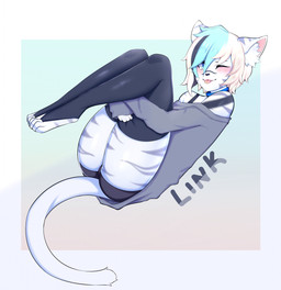 anthro arm_tattoo blonde_hair blue_eyes blue_hair blush butt cheek_stripes clothed clothing collar cute_pose femboy fur grey_stripes hair holding_both_legs legwear looking_at_viewer male markings multicolored_hair nose_stripe nose_stripes off_shoulder off_shoulder_shirt simple_background solo stockings striped_body striped_fur striped_markings stripes sweater tail tattoo text thigh_highs tongue tongue_out topwear white_body white_fur rokumaki linklynx link_(linklynx) felid feline mammal pantherine tiger hi_res