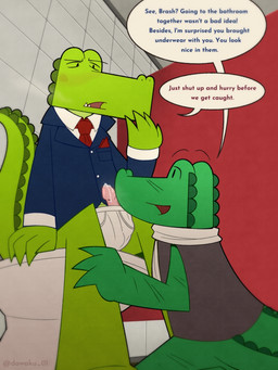 anthro bathroom blush bottomless bulge clothed clothing dialogue duo erection genitals green_body half-closed_eyes kneeling leg_grab male male/male narrowed_eyes penis pink_penis public_restroom restroom_stall scarf sitting speech_bubble suit text topwear topwear_only underwear dowaku_01 investigators_(book) brash_(investigators) mango_(investigators) alligator alligatorid crocodilian reptile scalie 3:4 english_text hi_res